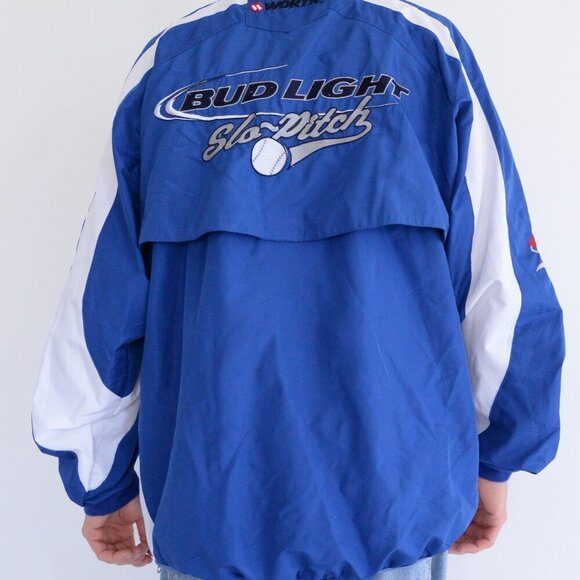 Worth Brand Blue White Slow Pitch Bud Light Baseball Warmup Windbreaker Jacket - Picture 1 of 11